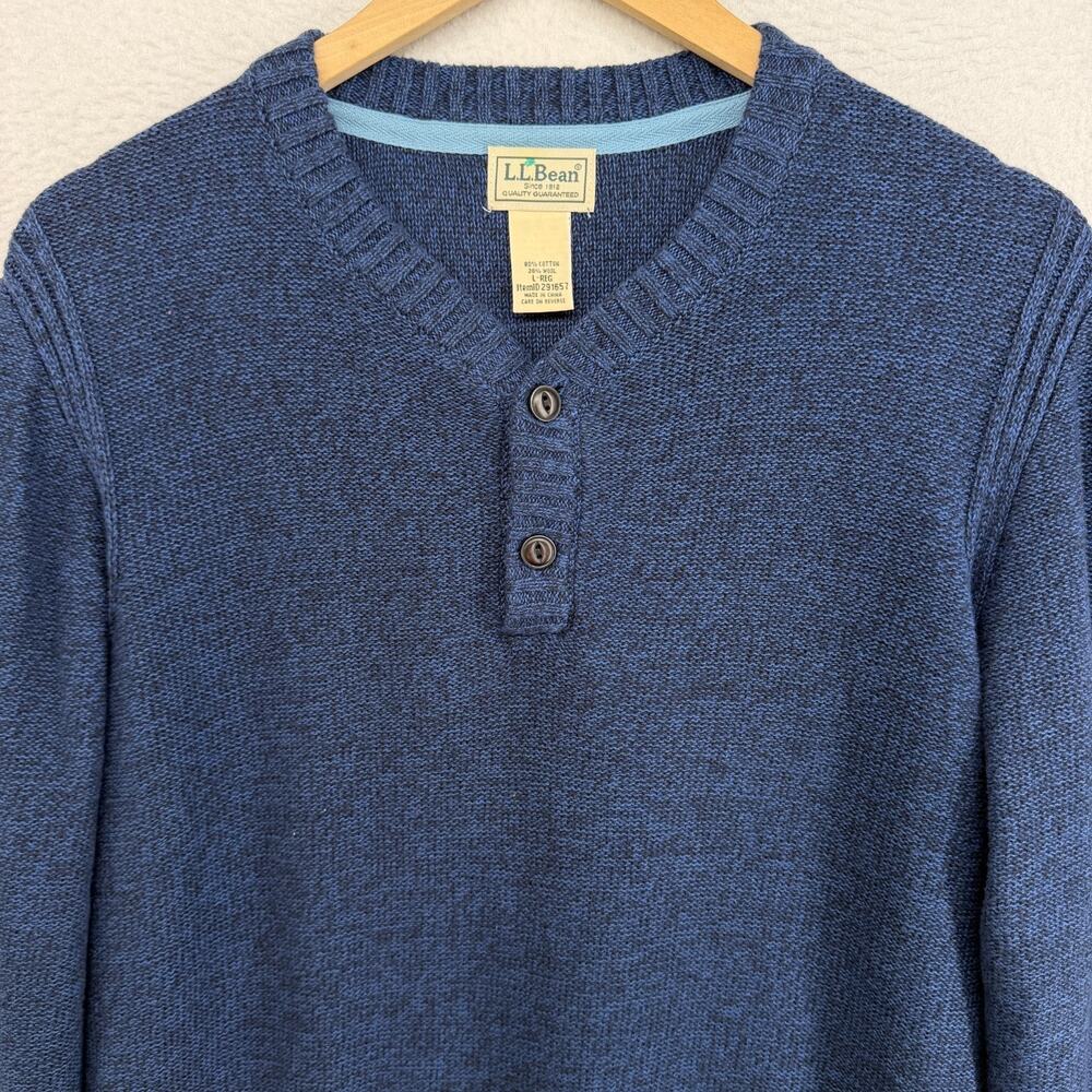 LL BEAN Sweater Mens L Henley V-Neck Cotton Wool Speckled Pullover Jumper Blue